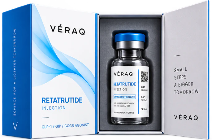 Открытая коробка VÉRAQ RETATRUTIDE с виалой